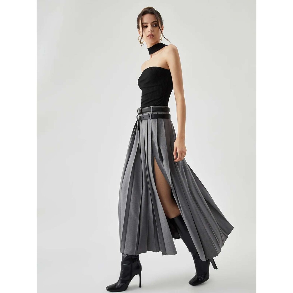 COMMENSE Gray Pleated Split Maxi Skirt High Waist Flowy Long Skirt Size XS